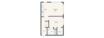 A floor plan of a small apartment with a kitchen, living room, bedroom, bathroom, and foyer.