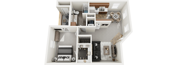 A 3D floor plan of a small apartment with a kitchen, living room, and bathroom.