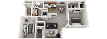 A top-down view of a small apartment with a kitchen, living room, and bedroom.