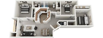 A 3D layout of a house showing the arrangement of rooms.