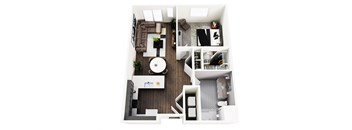 A top down view of a small apartment with a kitchen, living room, and bathroom.
