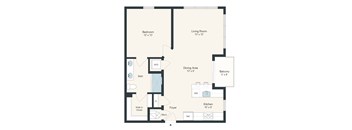 A floor plan of a small apartment with a bedroom, living room, dining area, kitchen, bathroom, foyer, and balcony.