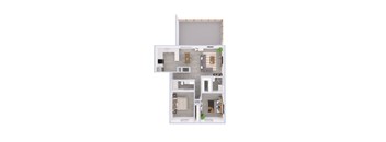 A 3D floor plan of a house with two bedrooms, a living room, a kitchen, and a bathroom.