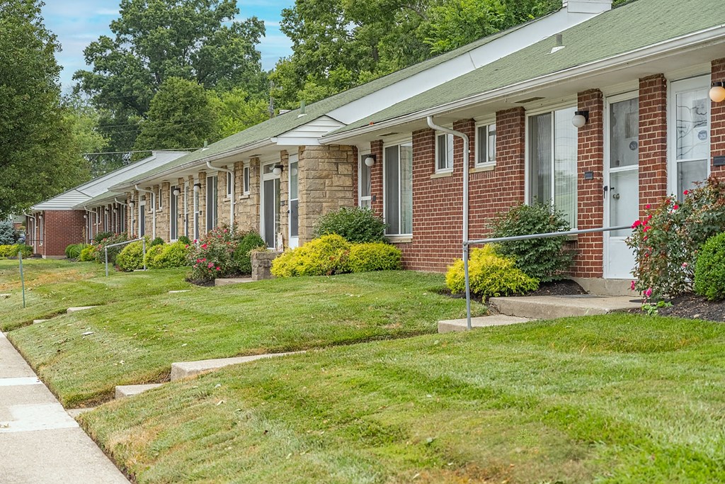 A row of houses with green lawns and trees in the background.