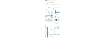 A floor plan of a house with two bedrooms, a living room, a kitchen, a bathroom, a closet, and a patio or balcony.