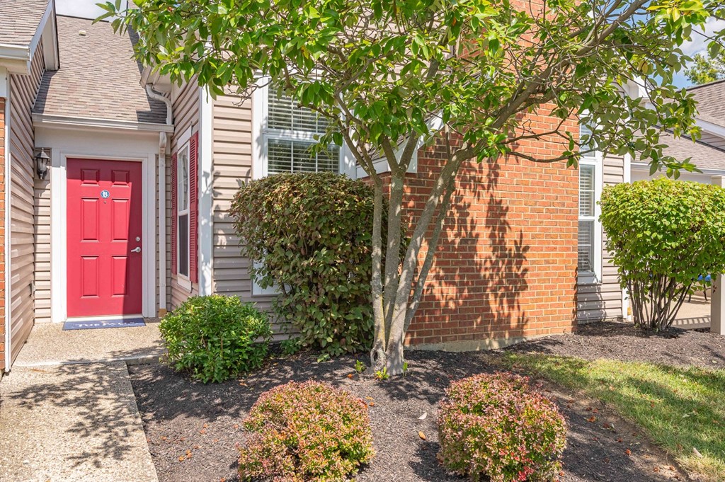 A red door is on the left side of a house with a tree in front.