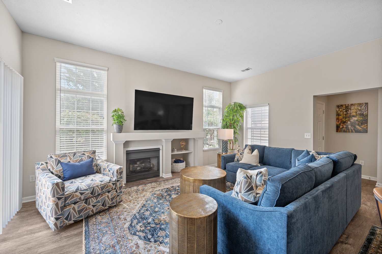 A living room with a blue couch and a television.