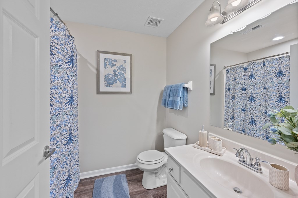 A bathroom with a toilet, sink, and shower curtain.