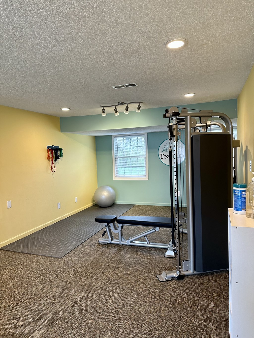 a home gym with a treadmill and weights