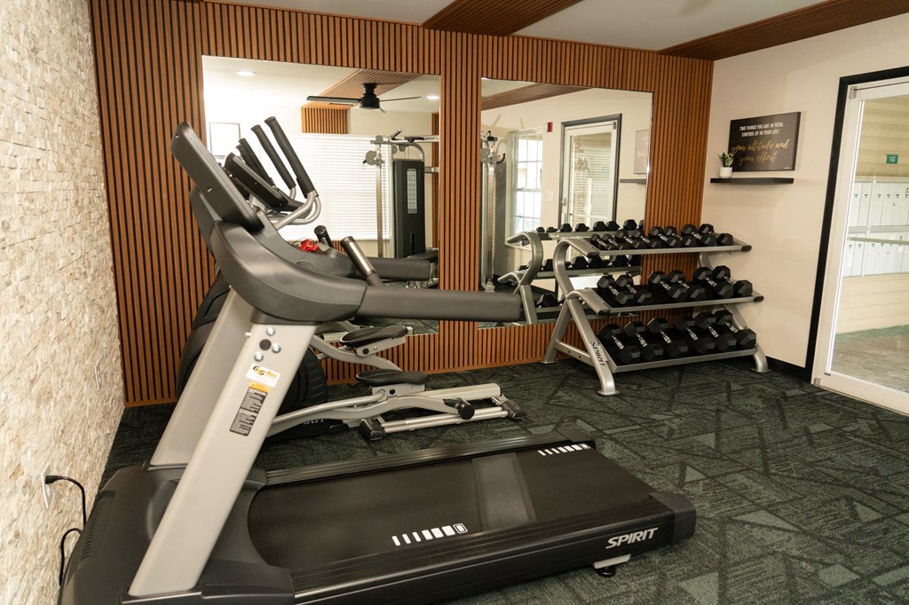 Treadmill and weights in a gym with a mirror at Honey Creek, Greenwood