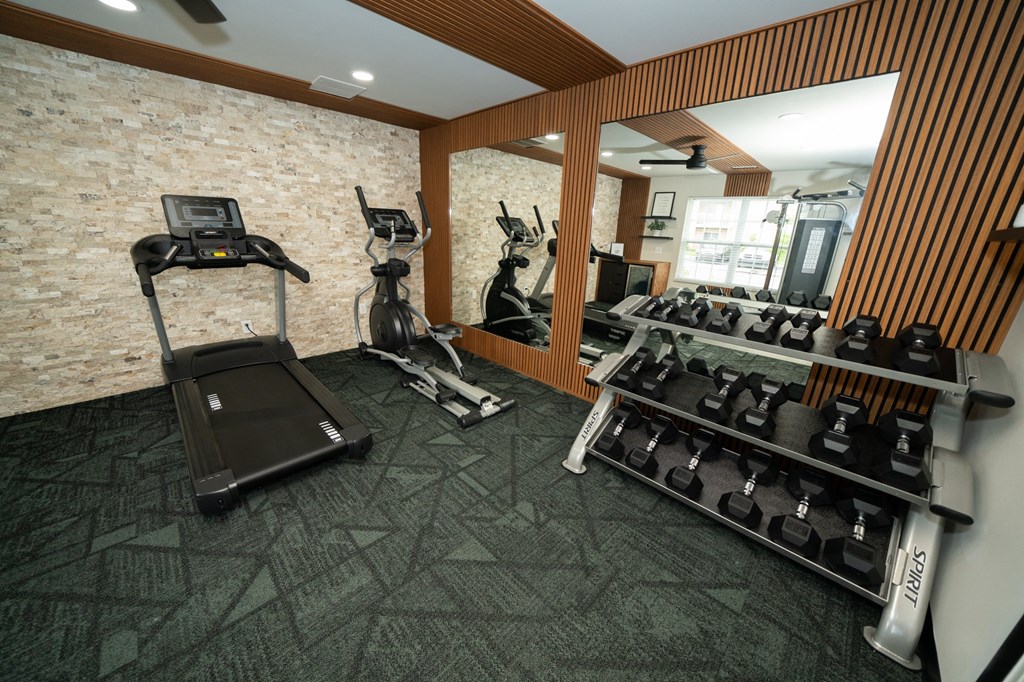 Gym with a treadmill and weights on the wall and a mirror at Honey Creek, Greenwood, IN, 46143