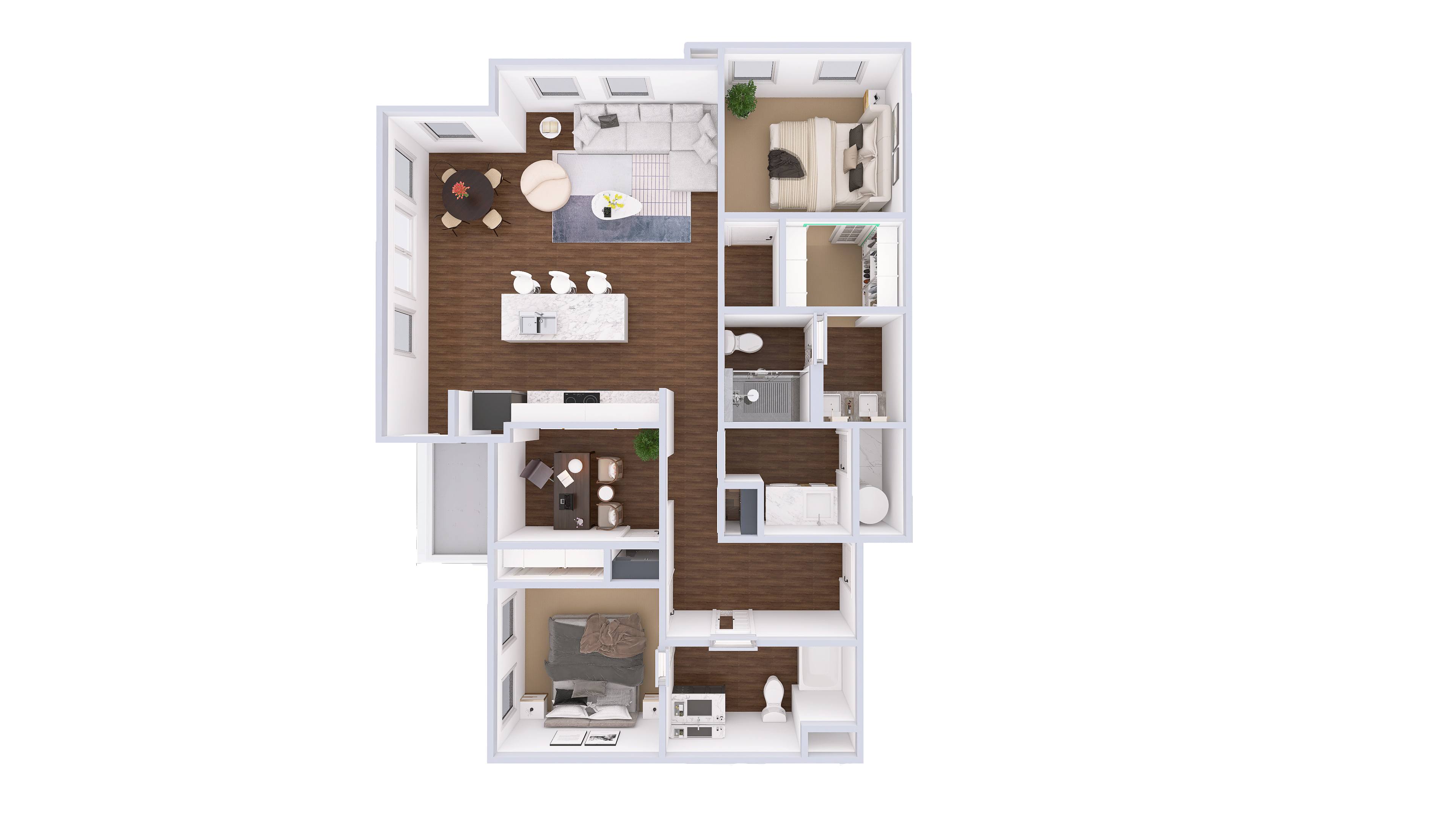 A floor plan of a two-bedroom apartment with a living room, kitchen, and bathroom.