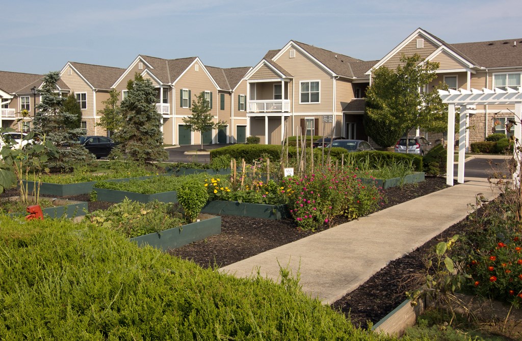 a community garden in front of a row of houses  at Grove City Summit, Grove City, OH, 43123
