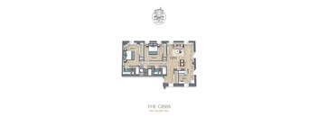 A floor plan of a 1060 square feet home with a living room, dining room, kitchen, two bedrooms, and two bathrooms.