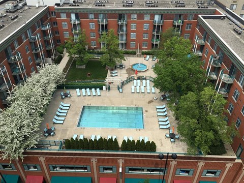 An aerial view of a pool surrounded by sun loungers and trees.