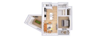 A top down view of a small apartment with a kitchen, living room, and bathroom.