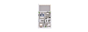 A 3D floor plan of a small apartment with a kitchen, living room, and bathroom.