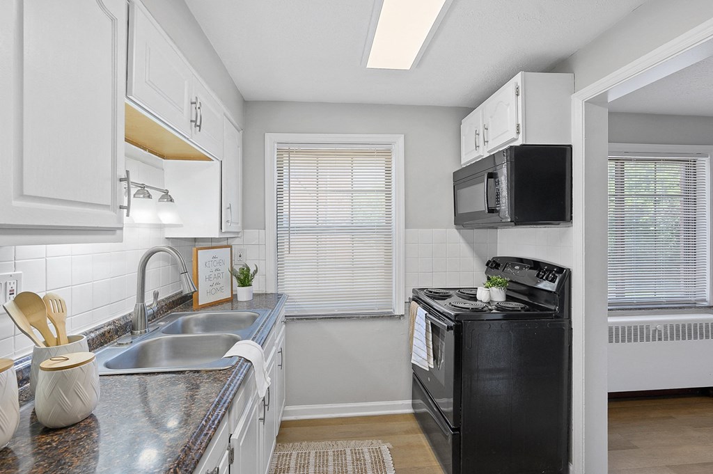 a kitchen with a sink and a stove and a microwave