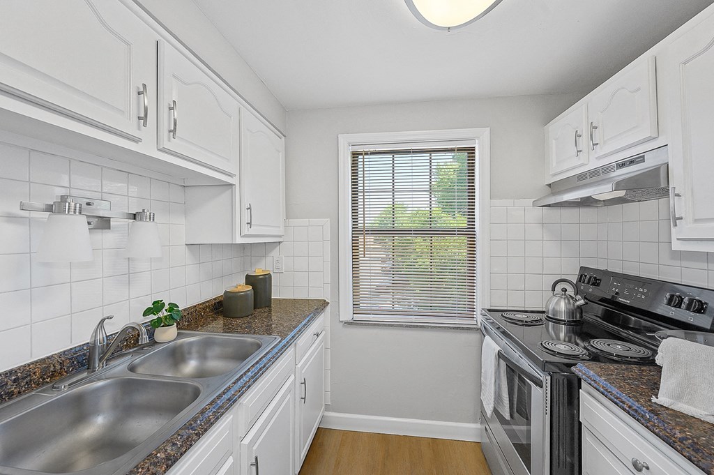 a kitchen with a sink and a stove and a window