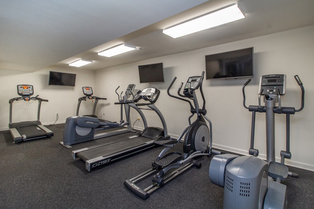 our gym is equipped with state of the art cardio equipment and free weights at Rivers Edge Apartments and Townhomes, Dayton, OH
