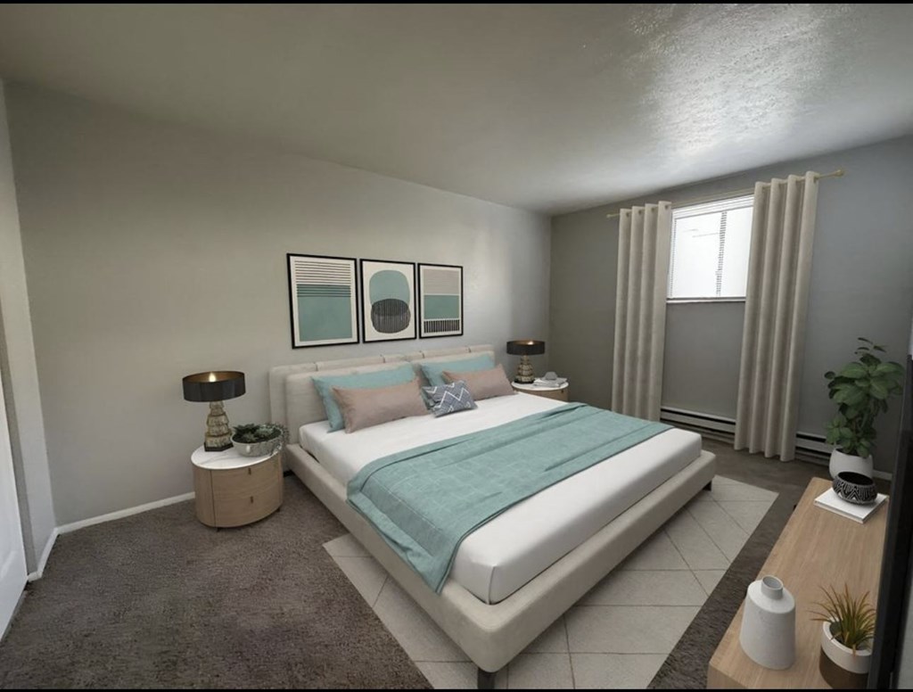 a bedroom with grey walls and a white bed
