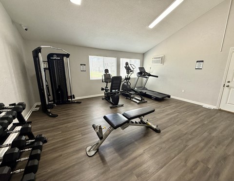 A home gym with a variety of equipment including a treadmill, weights, and a bench press.