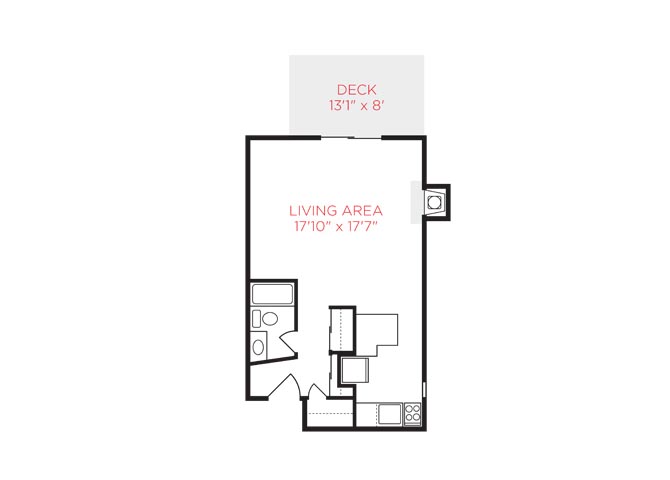A drawing of a house floor plan with a living area and a deck.
