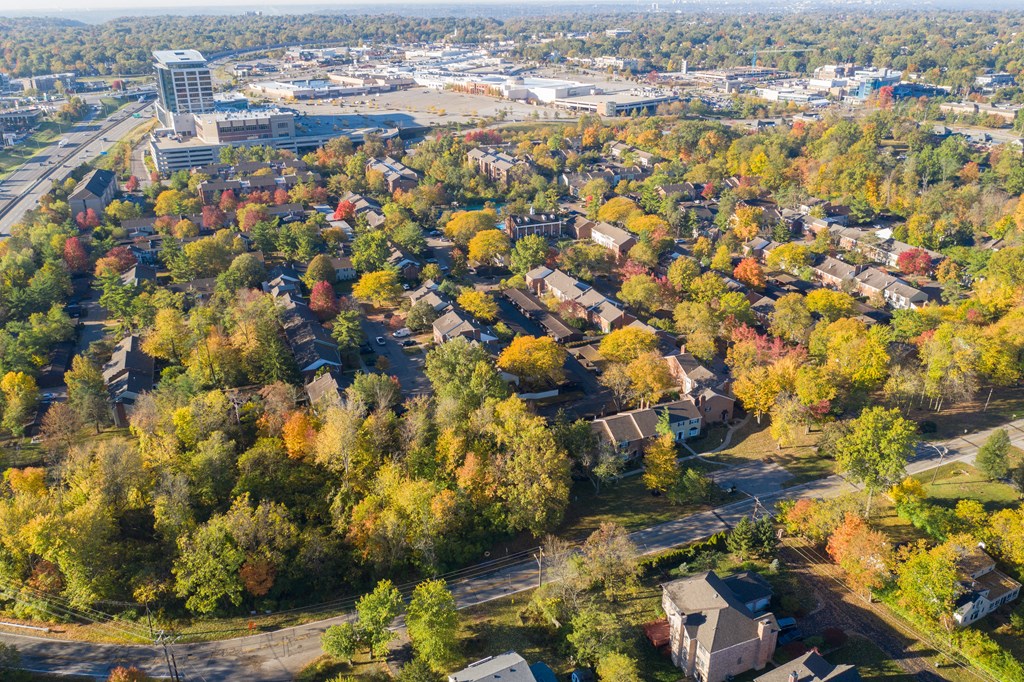 Aerial view of a city in the autumn at Indian Creek Apartments, Cincinnati