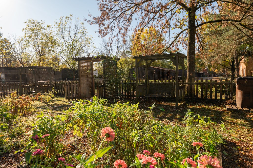 Garden with flowers and a wooden fence at Indian Creek Apartments, Cincinnati