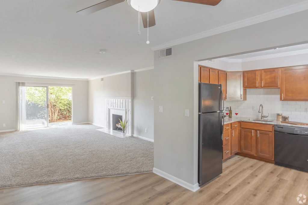 Kitchen with black refrigerator at Trails at Mariemont, Cincinnati