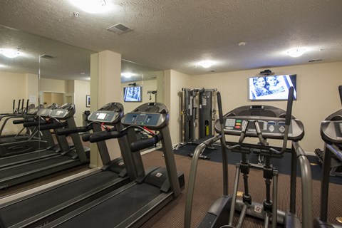 A gym with treadmills and exercise equipment.