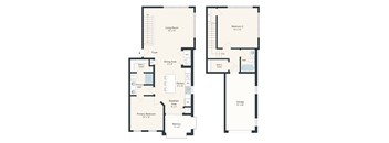 A floor plan of a house with a living room, dining area, kitchen, two bathrooms, two bedrooms, a breakfast area, a balcony, and a garage.