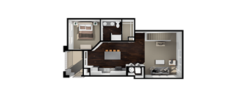 A floor plan of a house with a living room, kitchen, and two bedrooms.