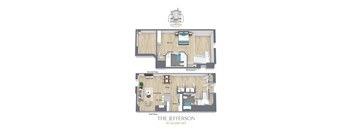 A diagram of a two-story apartment layout with a living room, dining room, kitchen, and bedrooms.