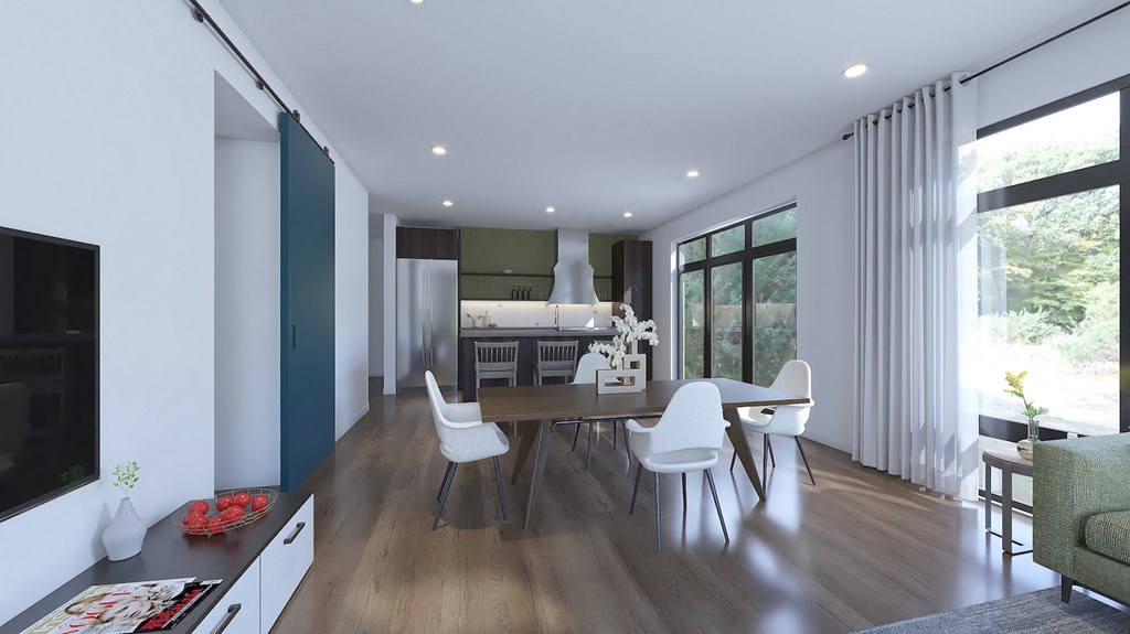 Rendering of a living room and dining room with white walls and wood flooring at Four23/Hoge, Cincinnati, OH