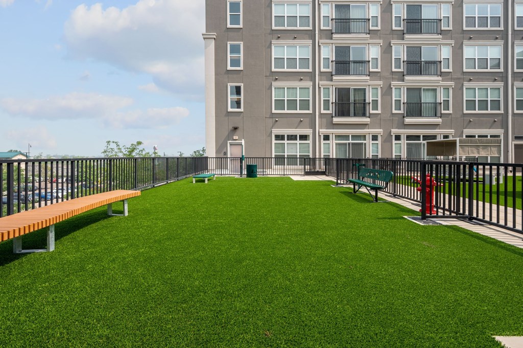 a large green lawn in front of an apartment building