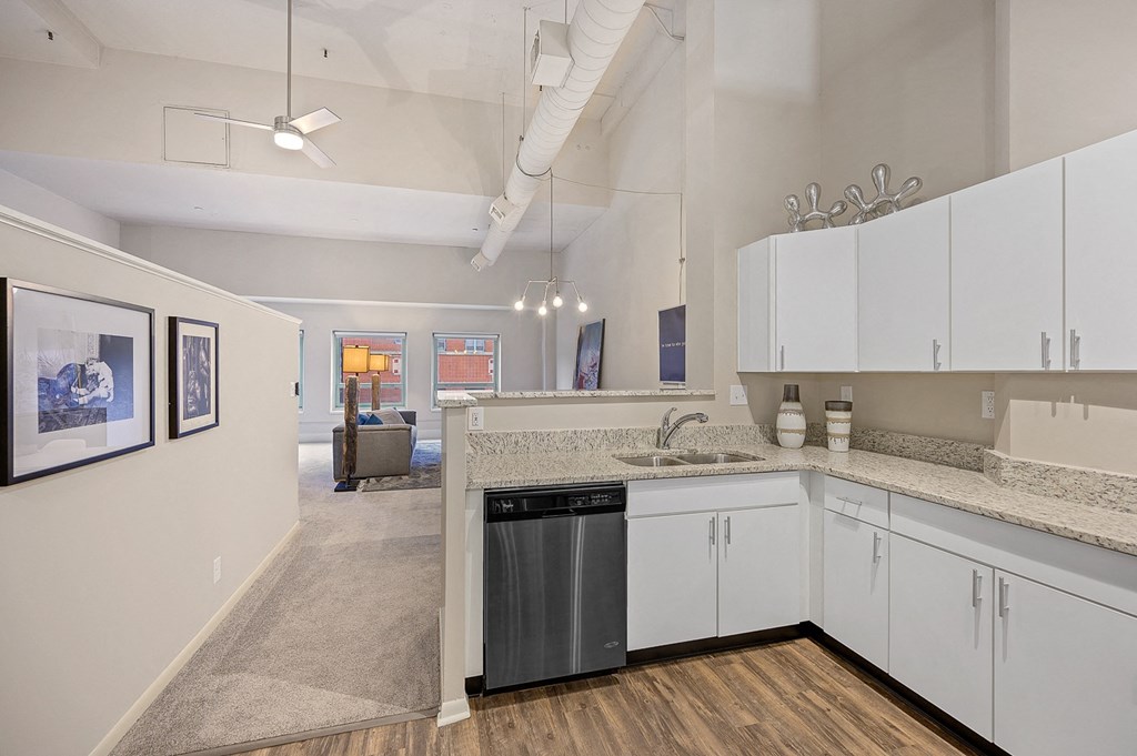 a kitchen with white cabinets and a sink and a dishwasher