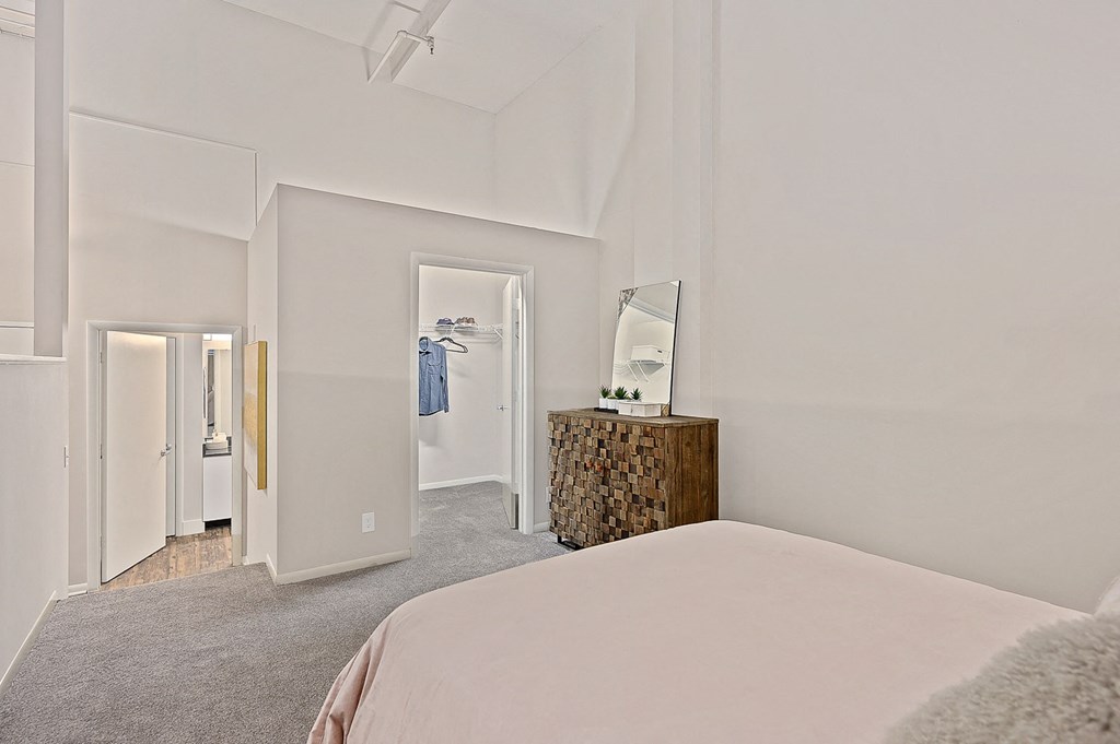 a bedroom with a bed and a dresser and a closet