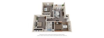A 3D floor plan of a house with a kitchen, living room, and bathroom.