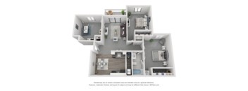 A 3D floor plan of a house with multiple rooms and furniture.