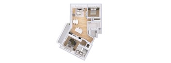 A white dollhouse with a kitchen, living room, and bedroom.