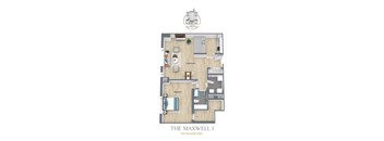 A floor plan of a one bedroom apartment at The Maxwell.