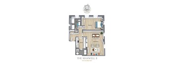 A floor plan of a 750 square feet apartment named The Maxwell II.