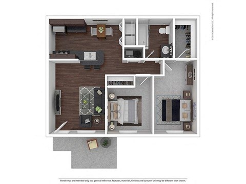 A floor plan of a house with a living room, kitchen, dining room, and bedrooms.