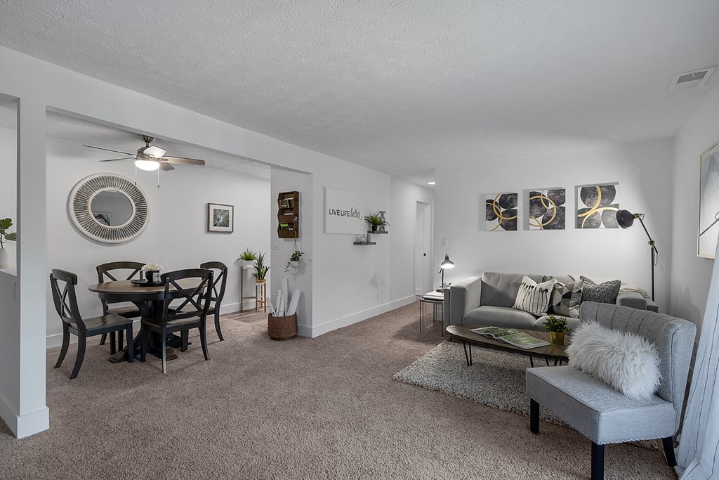 Living Room With Kitchen at Millcroft Apartments and Townhomes, Milford, OH, 45150