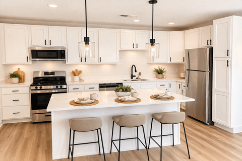 A modern kitchen with white cabinets and a large island.