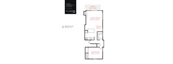 A floor plan for a home with a living room, dining area, and two bedrooms.