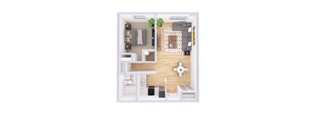 A top-down view of a small apartment with a kitchen, living room, and bathroom.