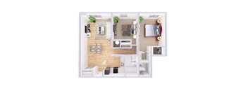 A top-down view of a small apartment with a kitchen, living room, and bedroom.