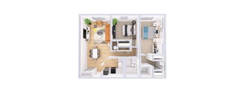 A 3D floor plan of a small apartment with a kitchen, living room, and bathroom.
